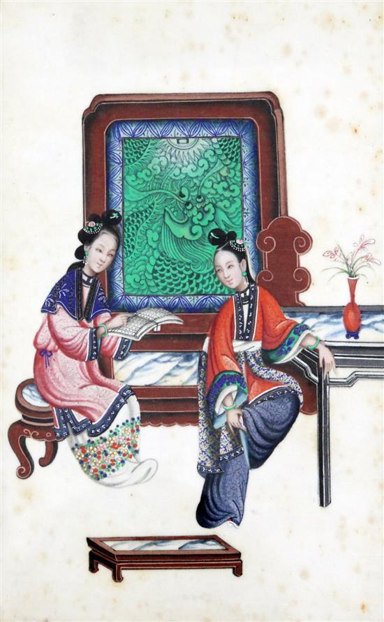 19th Century Chinese School Interior with seated women, 12.25 x 8in.
